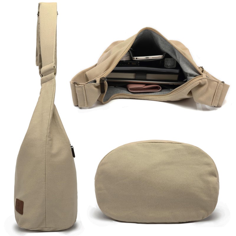 Coton Pose Hippie Crossbody Bag Large size Top Zip Cotton Sling Bag Jacquard cloth Handmade Bags (Tan Beige) - Image 5